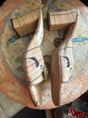 Terri Moore Beige plaid Canvas Block Heel Mules with Embroidered dog  Detail